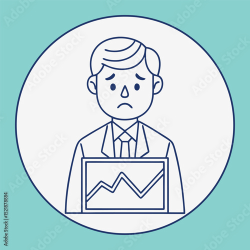 Depressed businessman with falling graph representing financial trouble or losses