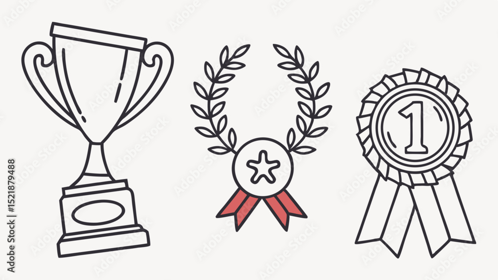 Fototapeta premium Award Winning Icons Trophy, Laurel Wreath, and First Place Medal