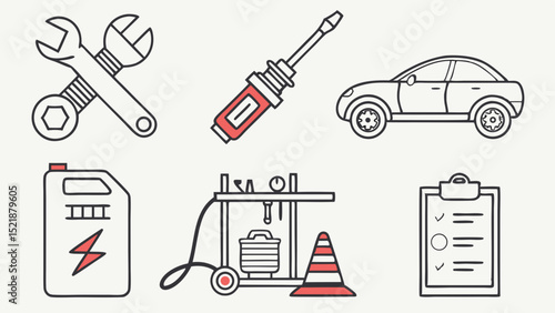 Auto Repair Shop Icons Wrench, Screwdriver, Car, Oil, Checklist, and More