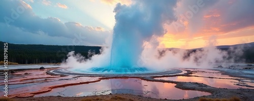 A majestic geyser erupts, sending a plume of scalding water high into the air against a backdrop of dramatic, colorful geothermal landscape Steam rises, creating an ethereal atmosphere , travel, rock