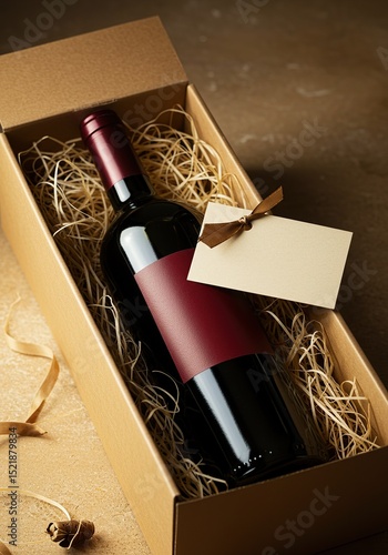 Elegantly Packaged Red Wine Gift Box with Blank Tag. A premium dark red wine bottle with a blank label, nestled in straw packing inside an open rustic cardboard gift box.