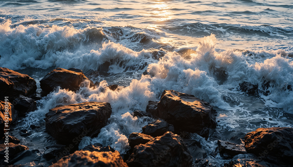 Obraz premium Waves crashing against rocks during sunset by the ocean 