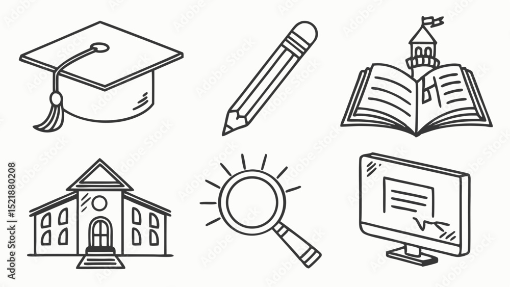 Fototapeta premium Education Icons Graduation Cap, Pencil, Book, School Building, Magnifying Glass, Computer Screen