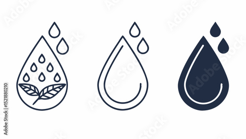 Water Drop Icons Line Art, Outline, and Filled Designs for Hydration, Nature, and Cleanliness Concepts