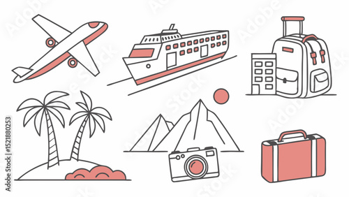 Travel Icons Airplane, Cruise Ship, Luggage, Camera, Island, Mountains - Line Art Illustration
