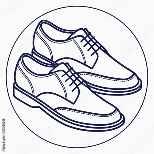 Elegant outline illustration of a pair of stylish leather oxford dress shoes inside a circle
