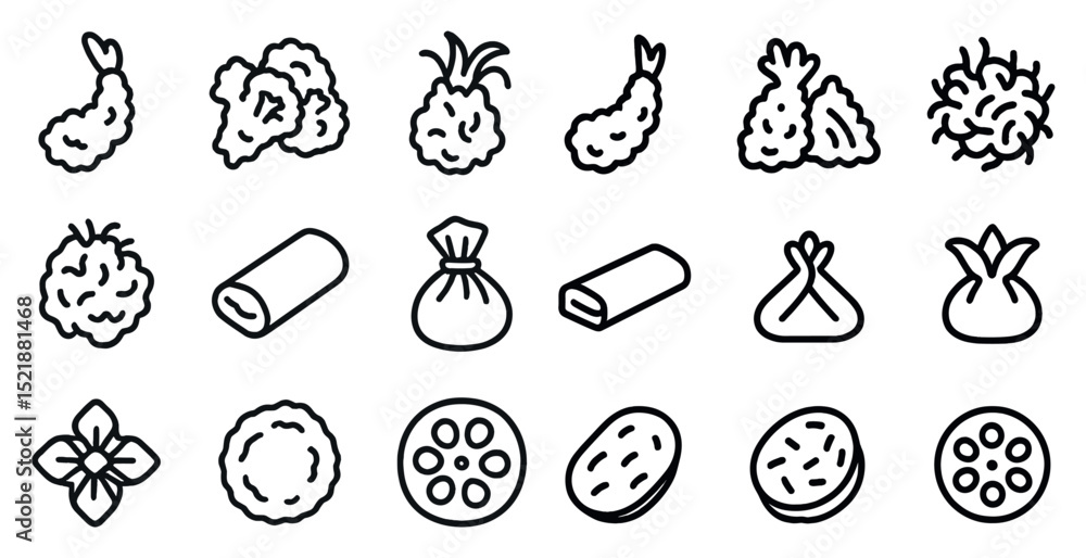 Assorted icon set featuring asian cuisine elements and ingredients Assorted icon set featuring asian cuisine elements and ingredients