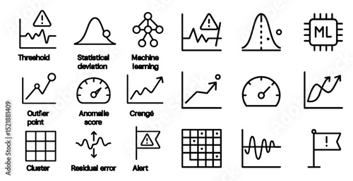 Data analysis icons featuring machine learning and statistical concepts for design projects