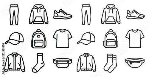 Casual clothing and accessories icon set for fashion design projects