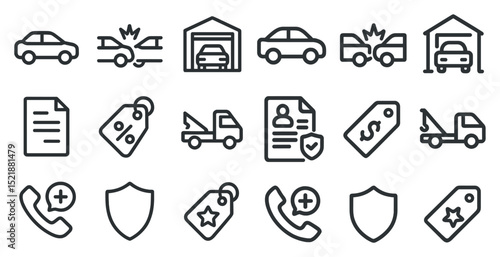 Car insurance and accident concepts with garage and towing services icon set