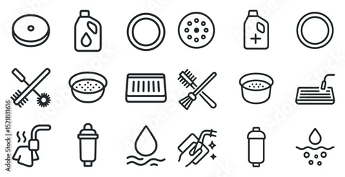 Cleaning and household tools icon set for modern household organization