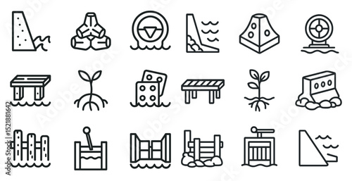 Innovative icon set featuring water structures and environmental elements