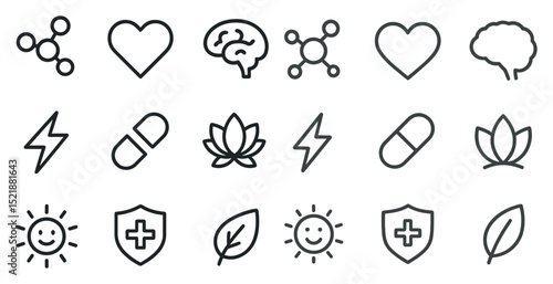 Health and wellness icons featuring heart, brain, and symbols for nature and protection