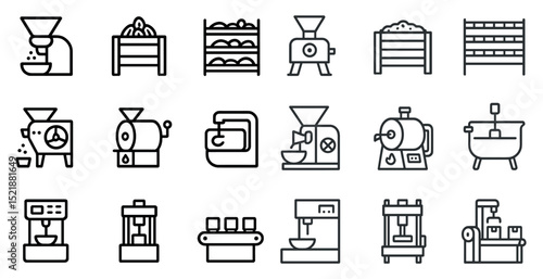 Industrial kitchen equipment icons for food processing design