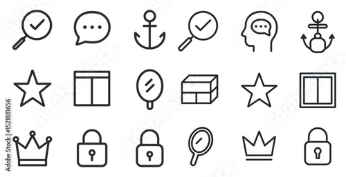 Minimalist line icons of communication, navigation, security, and reflection themes