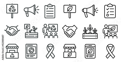 Sustainable practices and eco-friendly initiatives icon set for design and presentation