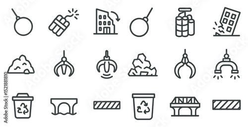 Demolition and recycling icons set for construction and urban development design