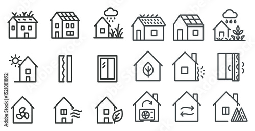 Sustainable home design icons for eco-friendly building and renewable energy concepts