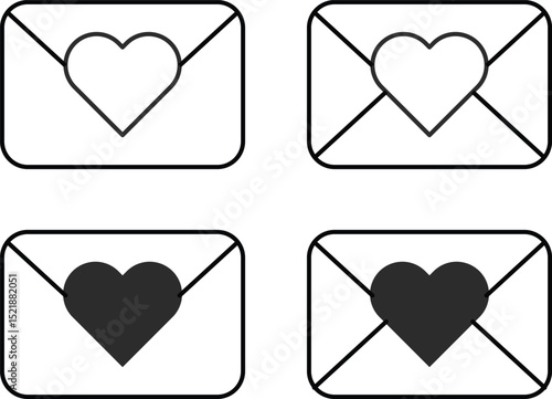 Love Letter icon set. envelope and tiny hearts flying.  Valentine's Day Romance icons. heart sign. wedding invitation symbol
