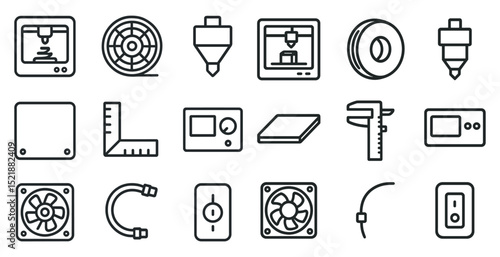 Icons of 3d printing tools and equipment for design projects