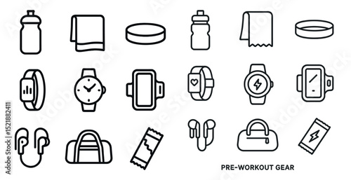 Essential pre-workout gear icons for fitness and exercise design