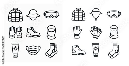 Winter outdoor gear icon set for cold weather activities