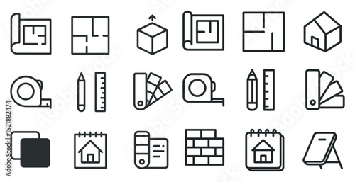 Home design and planning icons for architectural projects and interior design