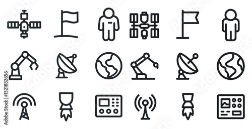 Space exploration icons set featuring satellites, flags, and robots