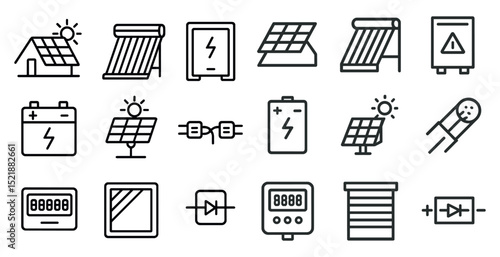 Renewable energy icons set featuring solar panels and battery symbols