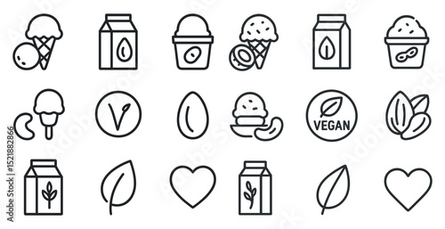 Vegan ice cream and milk icon set for food packaging and design projects
