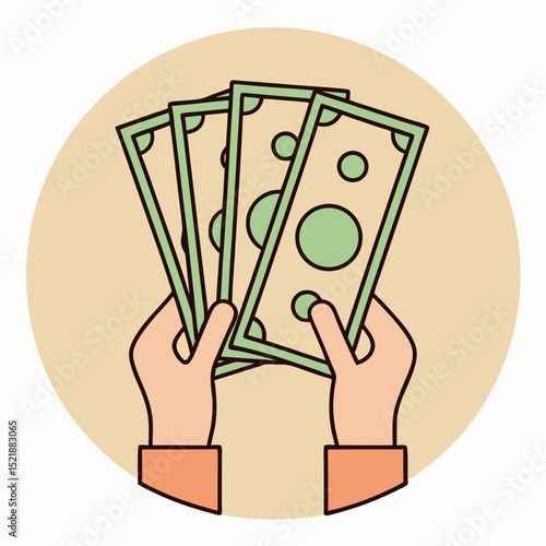 Hands holding money banknotes illustration on a beige background representing finance