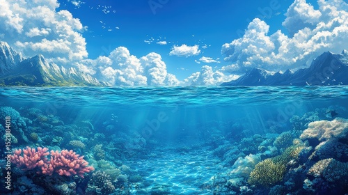 Seascape: A captivating seascape of a mesmerizing underwater world with vibrant coral reefs and an enchanting clear ocean and sky full of clouds.