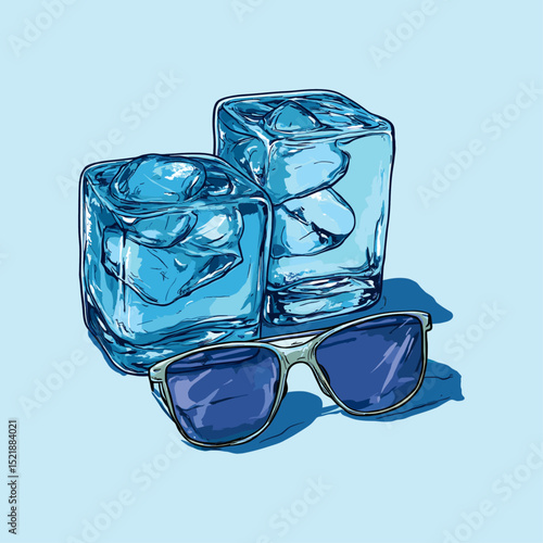 Ice cubes with sunglass flat vector design