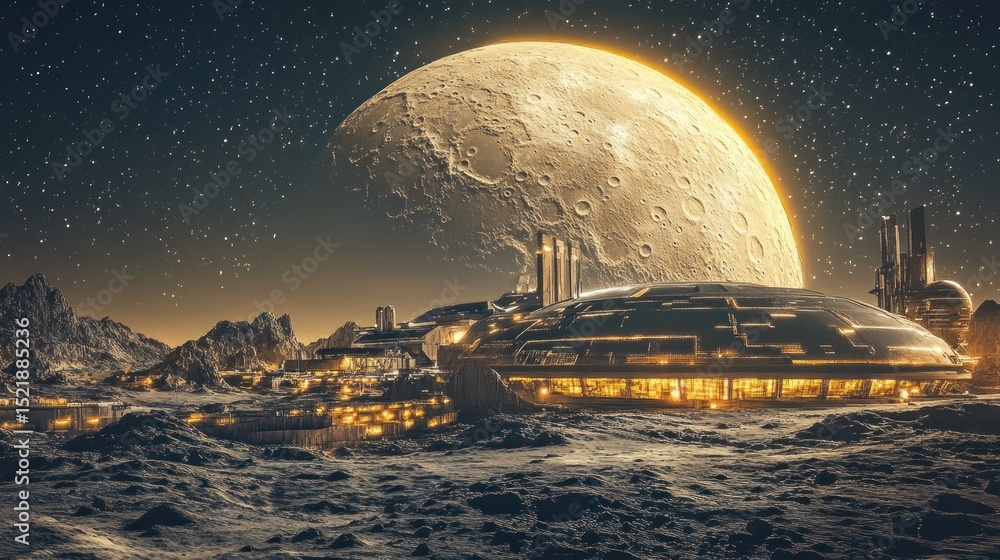 Obraz premium An illuminated futuristic city under a giant celestial moon