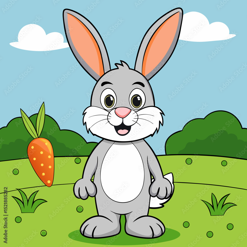 Obraz premium Adorable Cartoon Bunny Rabbit with Long Ears and Carrot Illustration