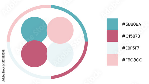 Teal, Honeysuckle, Ivory, Rose Quartz circle color palette. Trend color guide palette catalog samples in rgb hex. Color palette for fashion designers, business, and paints colors company