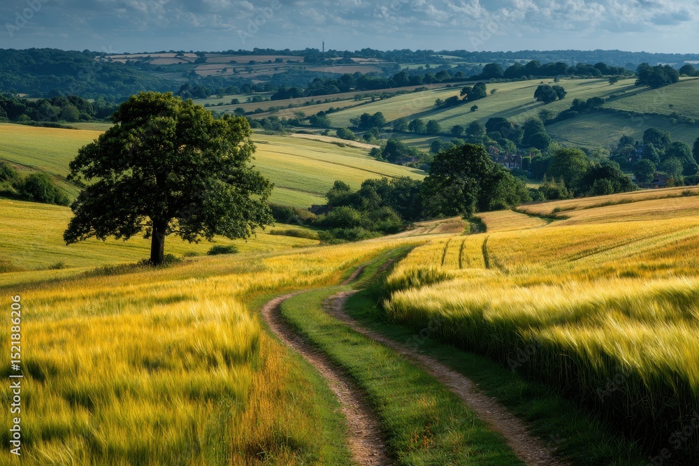 Naklejka premium Scenic rural landscape with rolling hills and a lone tree.