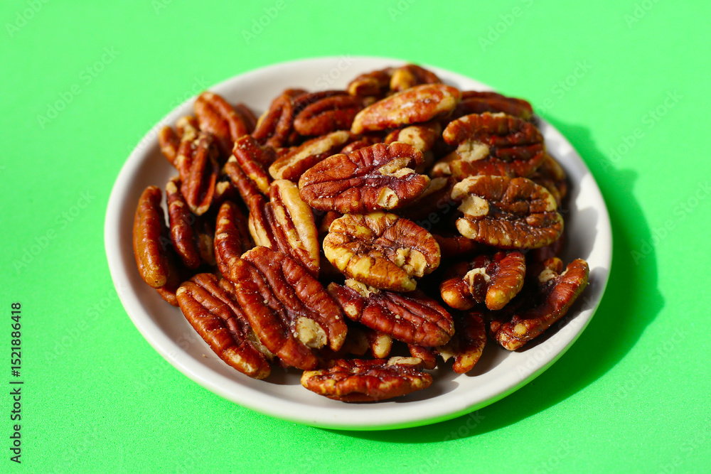 Delicious salted pecan nuts scattered. Delicious salted pecan nuts scattered.
