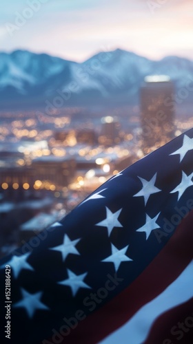  American flag with Salt Lake City skyline at dusk for Independence Day celebration, USA symbol collage