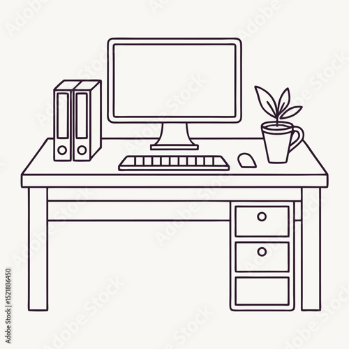 Minimalist desk setup illustration with computer, plant, and office supplies outline