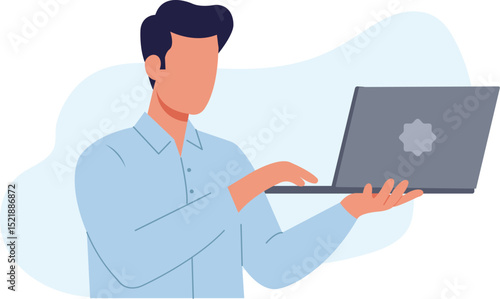 Illustration of Man Holding Laptop and Typing