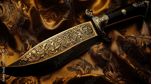 A decorative ornate knife resting upon golden fabric material