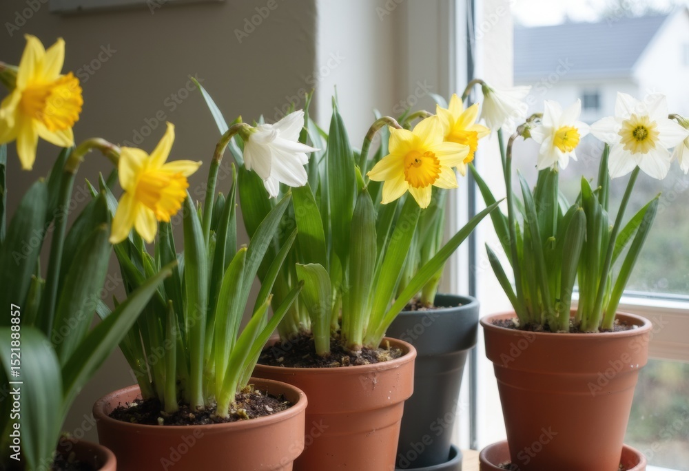Bright yellow and white daffodils blooming in terracotta pots by a window Bright yellow and white daffodils blooming in terracotta pots by a window