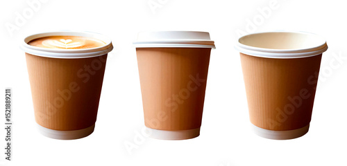 Copos de café de papel com lateral marrom, cheio de cappuccino, tampado e copo vazio destampado