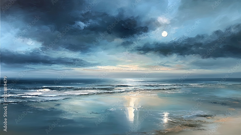 Obraz premium Tranquil moonlit beach with gentle waves and smooth reflective brushstrokes in calming oil painting style, capturing peaceful night seascape with serene ambiance and soft coastal light.