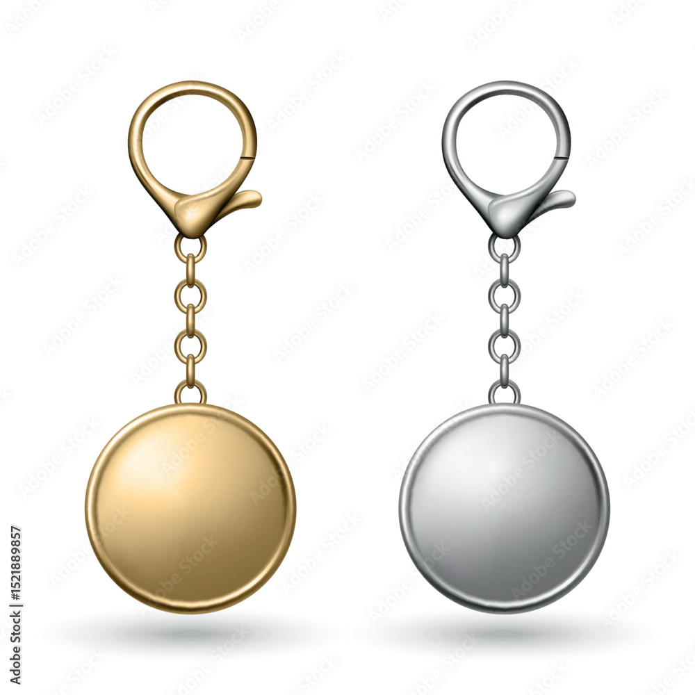 Vector Gold and Silver Keychain Icon Set, Isolated. Realistic Round Keychain Design for Branding. Blank Keychain Mockup for Logo. Luxury Metallic Keychain Template for Custom Accessory Design Vector Gold and Silver Keychain Icon Set, Isolated. Realistic Round Keychain Design for Branding. Blank Keychain Mockup for Logo. Luxury Metallic Keychain Template for Custom Accessory Design
