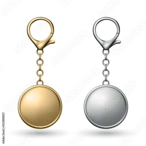 Vector Gold and Silver Keychain Icon Set, Isolated. Realistic Round Keychain Design for Branding. Blank Keychain Mockup for Logo. Luxury Metallic Keychain Template for Custom Accessory Design