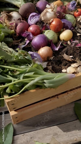 Abundant assortment of fresh organic vegetables in wooden container, harvested for sale at a local market, showing soil, onions, tomatoes, cabbage, potatoes