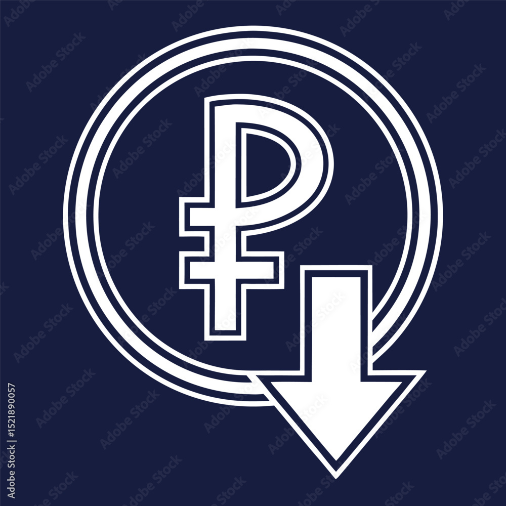 Obraz premium Russian ruble currency symbol with downward arrow indicating economic decline