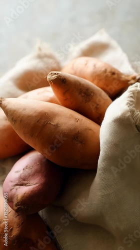 Pile of fresh raw sweet potatoes with smooth orange skin on a linen cloth, studio shot for healthy eating and autumn harvest themes, closeup